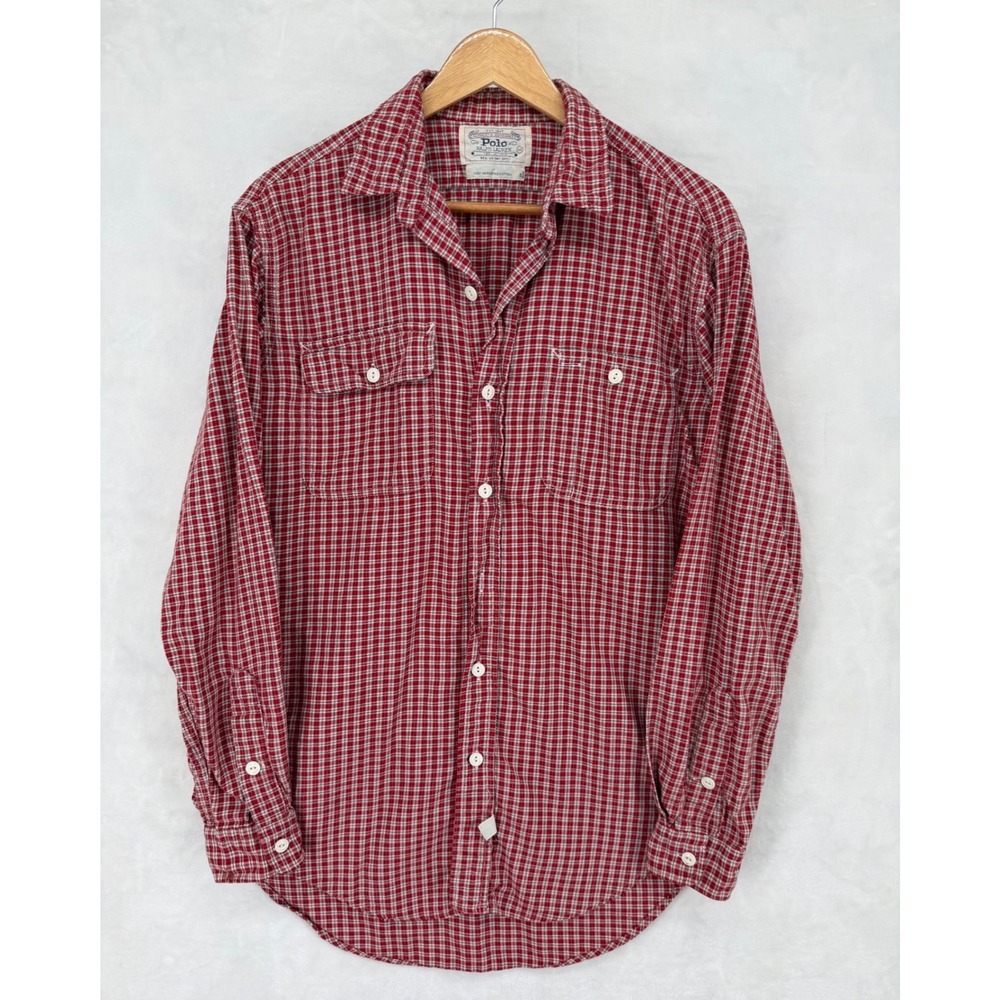 Vintage Polo Ralph Lauren Flannel Shirt Mens M Red Plaid 100% Cotton 90s USA
